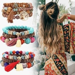 Subiceto Bohemian Wood Beads Bracelet Set for Women Multilayer Tassel Stac